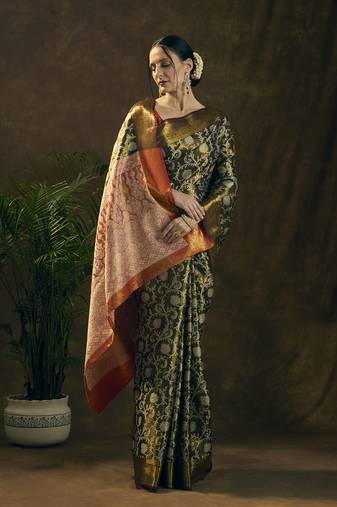 Black woven design art silk zari work saree