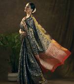 Navy blue woven design art silk zari work saree