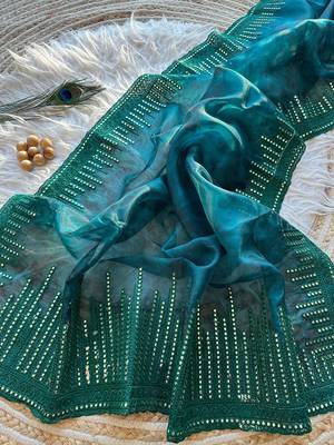 Dark Green Color Organza Saree Embroidery Work 1