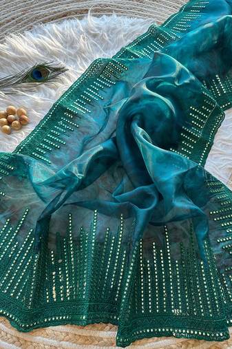 Dark Green Color Organza Saree Embroidery Work