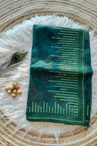 Dark Green Color Organza Saree Embroidery Work