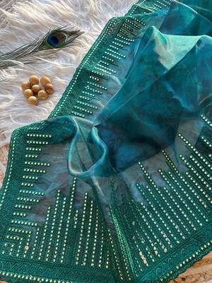 Dark Green Color Organza Saree Embroidery Work 3