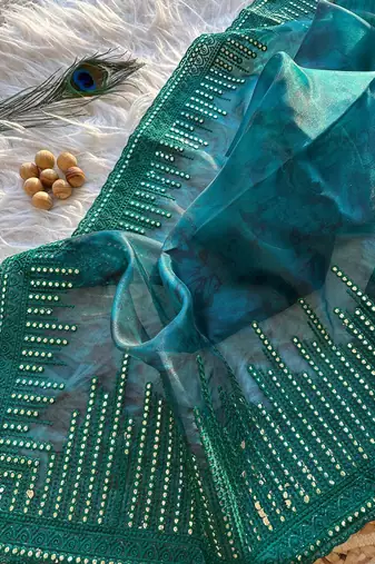 Dark Green Color Organza Saree Embroidery Work