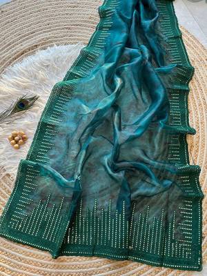 Dark Green Color Organza Saree Embroidery Work 4