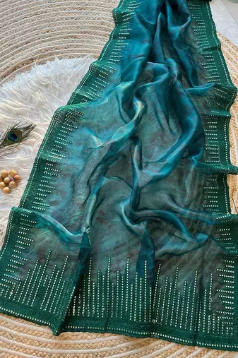 Dark Green Color Organza Saree Embroidery Work