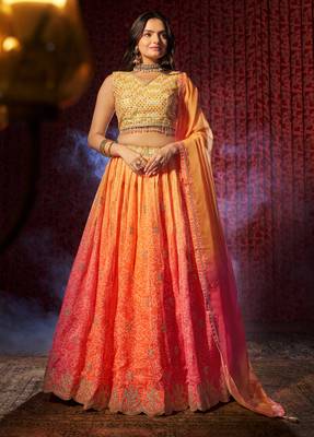 ENCHANTING ORANGE PINK PRINT WITH EMBROIDERED ORGANZA DESIGNER WEDDING PARTY WEAR FESTIVAL SEMIT STITCHED LEHENGA CHOLI 1