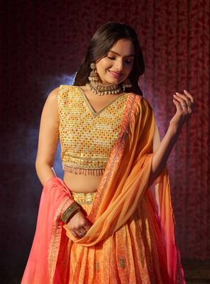 ENCHANTING ORANGE PINK PRINT WITH EMBROIDERED ORGANZA DESIGNER WEDDING PARTY WEAR FESTIVAL SEMIT STITCHED LEHENGA CHOLI 4