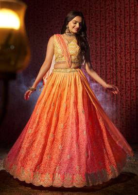 ENCHANTING ORANGE PINK PRINT WITH EMBROIDERED ORGANZA DESIGNER WEDDING PARTY WEAR FESTIVAL SEMIT STITCHED LEHENGA CHOLI 5