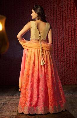 ENCHANTING ORANGE PINK PRINT WITH EMBROIDERED ORGANZA DESIGNER WEDDING PARTY WEAR FESTIVAL SEMIT STITCHED LEHENGA CHOLI 6