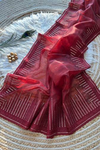 Red Color Organza Saree Embroidery Work