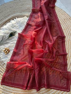 Red Color Organza Saree Embroidery Work 2