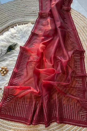Red Color Organza Saree Embroidery Work