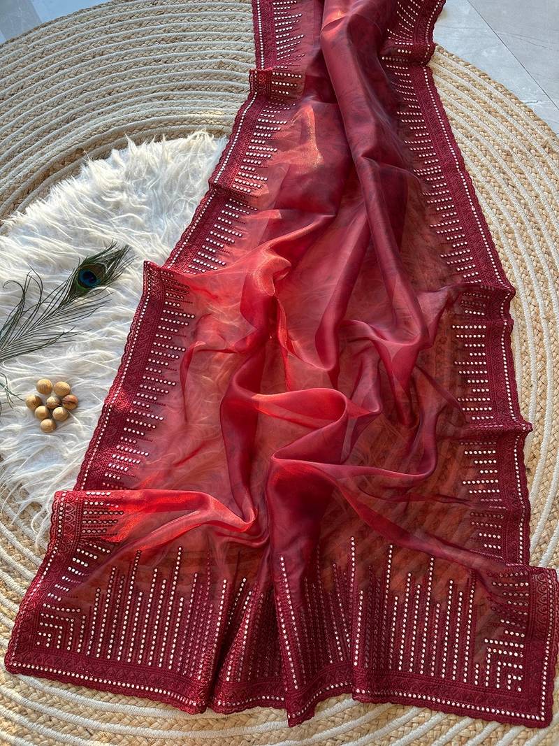 Red Color Organza Saree Embroidery Work