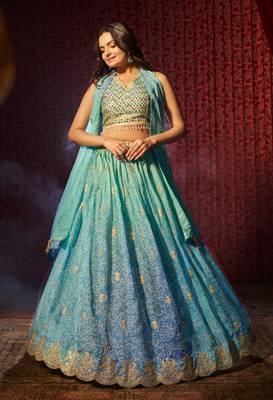 SKY BLUE PRINT WITH EMBROIDERED ORGANZA SEMI STITCHED LEHENGA CHOLI 1