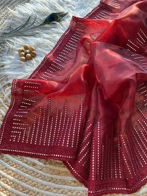 Red Color Organza Saree Embroidery Work 3