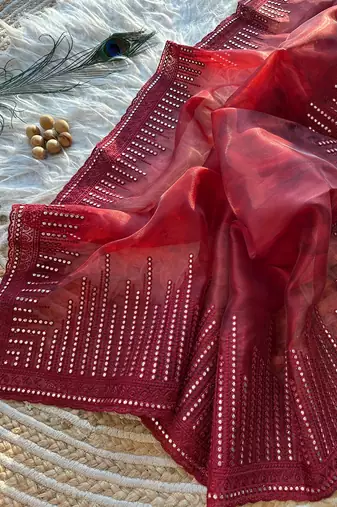 Red Color Organza Saree Embroidery Work