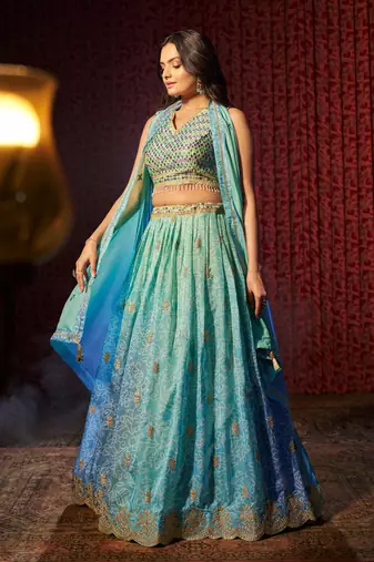 SKY BLUE PRINT WITH EMBROIDERED ORGANZA SEMI STITCHED LEHENGA CHOLI