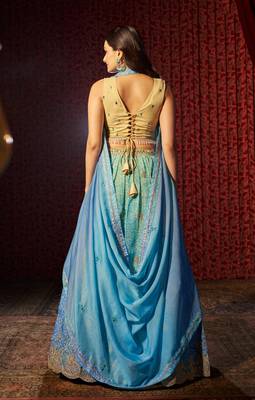 SKY BLUE PRINT WITH EMBROIDERED ORGANZA SEMI STITCHED LEHENGA CHOLI 4