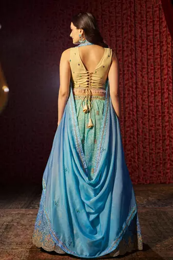 SKY BLUE PRINT WITH EMBROIDERED ORGANZA SEMI STITCHED LEHENGA CHOLI