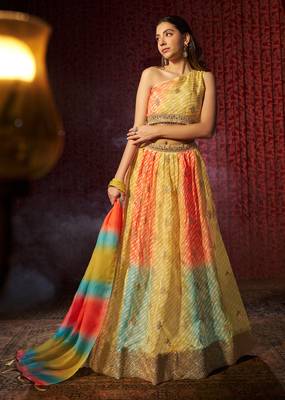 MULTICOLOR PRINT WITH EMBROIDERED ORGANZA SEMI STITCHED LEHENGA CHOLI 1