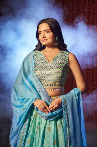 SKY BLUE PRINT WITH EMBROIDERED ORGANZA SEMI STITCHED LEHENGA CHOLI