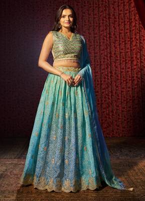 SKY BLUE PRINT WITH EMBROIDERED ORGANZA SEMI STITCHED LEHENGA CHOLI 6