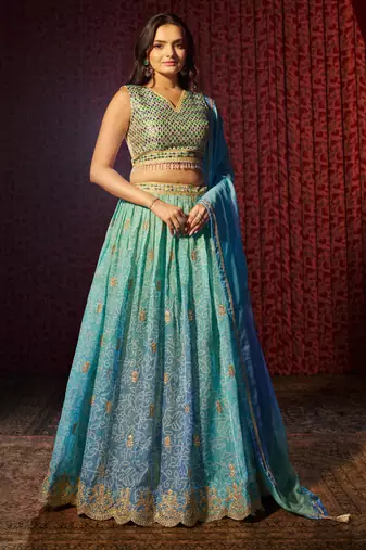 SKY BLUE PRINT WITH EMBROIDERED ORGANZA SEMI STITCHED LEHENGA CHOLI