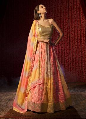 YELLOW AND ORANGE PRINT WITH EMBROIDERED ORGANZA SEMI STITCHED LEHENGA CHOLI 1