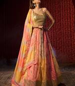 YELLOW AND ORANGE PRINT WITH EMBROIDERED ORGANZA SEMI STITCHED LEHENGA CHOLI
