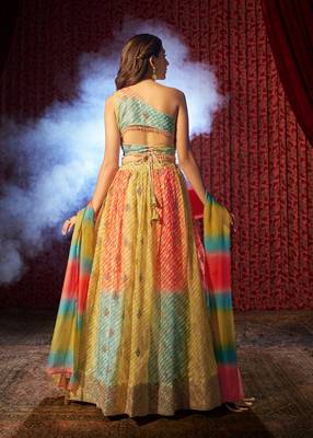 MULTICOLOR PRINT WITH EMBROIDERED ORGANZA SEMI STITCHED LEHENGA CHOLI 4