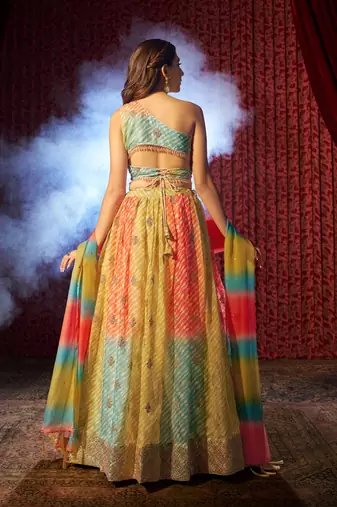 MULTICOLOR PRINT WITH EMBROIDERED ORGANZA SEMI STITCHED LEHENGA CHOLI