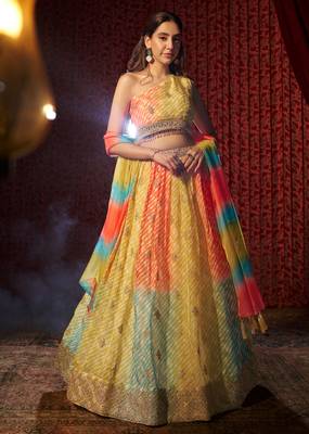MULTICOLOR PRINT WITH EMBROIDERED ORGANZA SEMI STITCHED LEHENGA CHOLI 5