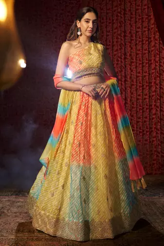 MULTICOLOR PRINT WITH EMBROIDERED ORGANZA SEMI STITCHED LEHENGA CHOLI