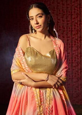 YELLOW AND ORANGE PRINT WITH EMBROIDERED ORGANZA SEMI STITCHED LEHENGA CHOLI 3