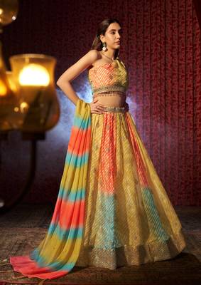 MULTICOLOR PRINT WITH EMBROIDERED ORGANZA SEMI STITCHED LEHENGA CHOLI 6