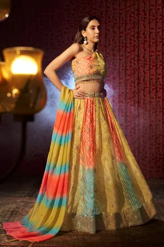 MULTICOLOR PRINT WITH EMBROIDERED ORGANZA SEMI STITCHED LEHENGA CHOLI