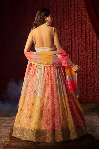 YELLOW AND ORANGE PRINT WITH EMBROIDERED ORGANZA SEMI STITCHED LEHENGA CHOLI