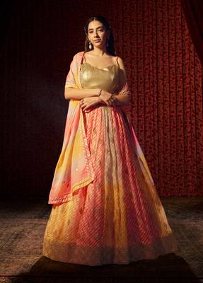 YELLOW AND ORANGE PRINT WITH EMBROIDERED ORGANZA SEMI STITCHED LEHENGA CHOLI 6