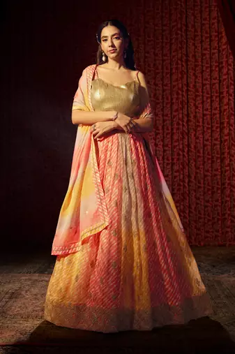 YELLOW AND ORANGE PRINT WITH EMBROIDERED ORGANZA SEMI STITCHED LEHENGA CHOLI