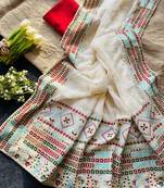 Off-White Georgette Silk Saree With Embroidery Work