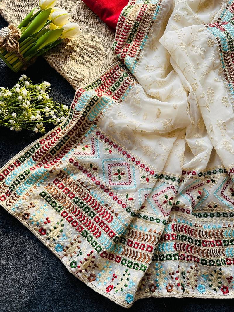 Off-White Georgette Silk Saree With Embroidery Work