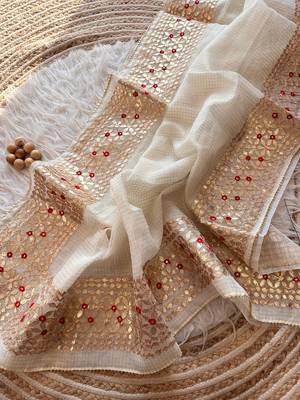 White Kota Doria Saree with Rajasthani GotaPatti 2