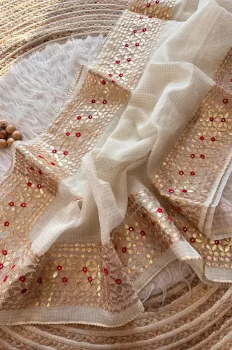 White Kota Doria Saree with Rajasthani GotaPatti