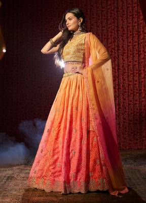 ENCHANTING ORANGE PINK PRINT WITH EMBROIDERED ORGANZA DESIGNER WEDDING PARTY WEAR FESTIVAL SEMIT STITCHED LEHENGA CHOLI 7