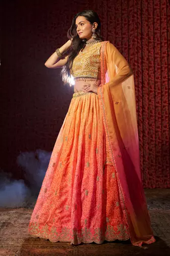 ENCHANTING ORANGE PINK PRINT WITH EMBROIDERED ORGANZA DESIGNER WEDDING PARTY WEAR FESTIVAL SEMIT STITCHED LEHENGA CHOLI