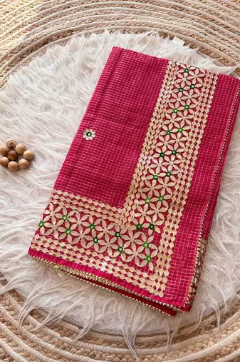 Rani-Pink Kota Doria Saree with Rajasthani GotaPatti