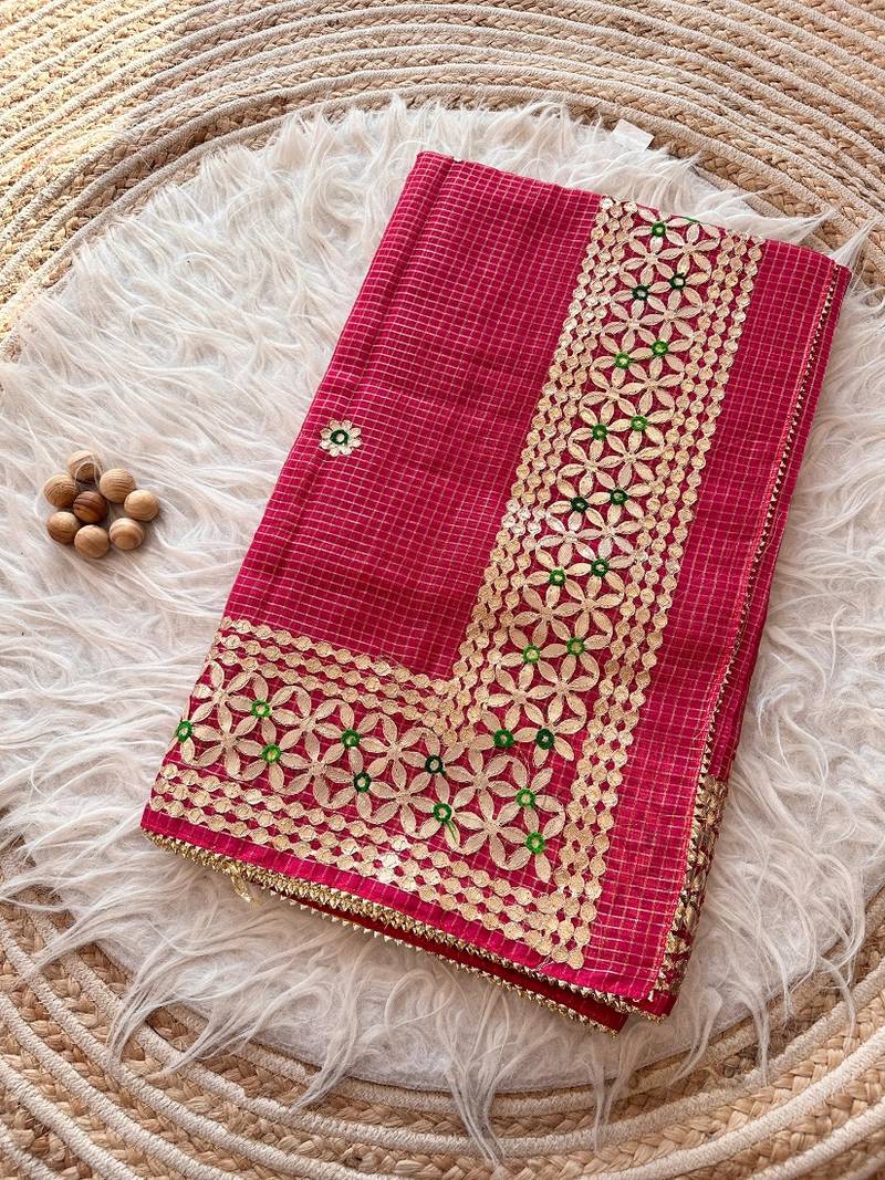 Rani-Pink Kota Doria Saree with Rajasthani GotaPatti