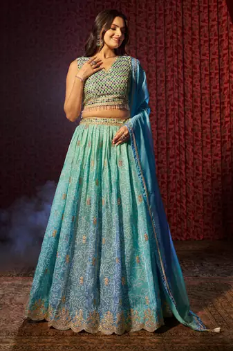 SKY BLUE PRINT WITH EMBROIDERED ORGANZA SEMI STITCHED LEHENGA CHOLI