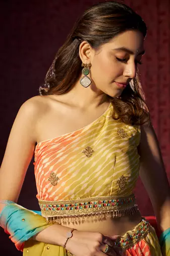 MULTICOLOR PRINT WITH EMBROIDERED ORGANZA SEMI STITCHED LEHENGA CHOLI