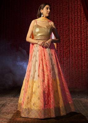 YELLOW AND ORANGE PRINT WITH EMBROIDERED ORGANZA SEMI STITCHED LEHENGA CHOLI 7
